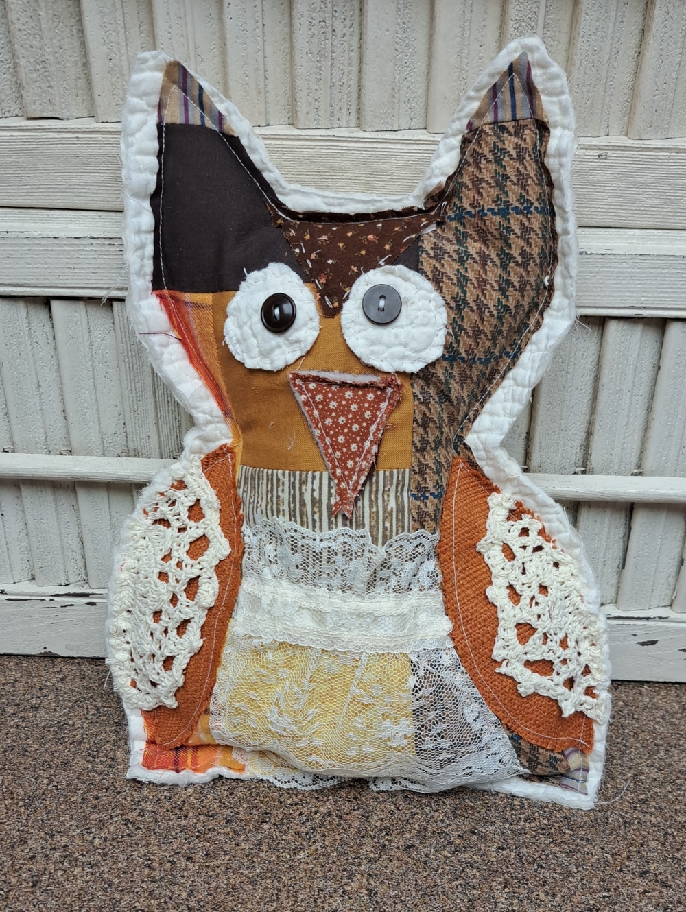 Handmade Patchwork Owl Pillow - Orange, Brown, Cream